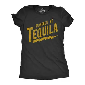 Womens Powered By Tequila T Shirt Funny Liquor Lovers Drinking Tee for Ladies Funny Womens T Shirts Cute Vintage Fashion Casual Ladies T-Shirt Gift Liquor Tops for Women Funny Drinking Top Women's Novelty Tees Black -