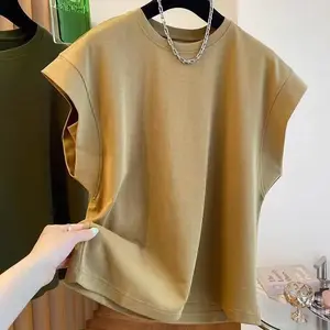 Korean Style Unique Design Sleeveless T-Shirt Short Sleeve Men's Loose Vest Sleeveless T-Shirt Drop Shoulder Sleeve Top Trend Hoodie Streetwear Green Round Neck Menswear Polyester Sweater Thin Tshirt Wetsuit Casual Operator Crewneck