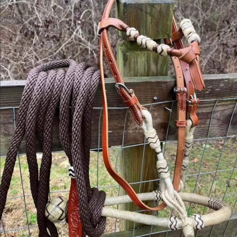 Complete Horse Size Western Bitless Rawhide Bosal and Brown Mecate Rein Set