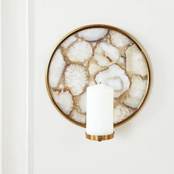 Z Gallerie Diego Gold Frame Agate Stone Pillar Candle Holder - Imported Metal Wall Mount Sconce, Elegant Wall Light, Art-Function Design, Decoration, Home Supplies (Candle Not Included; Suitable for Kitchen, Bathroom)