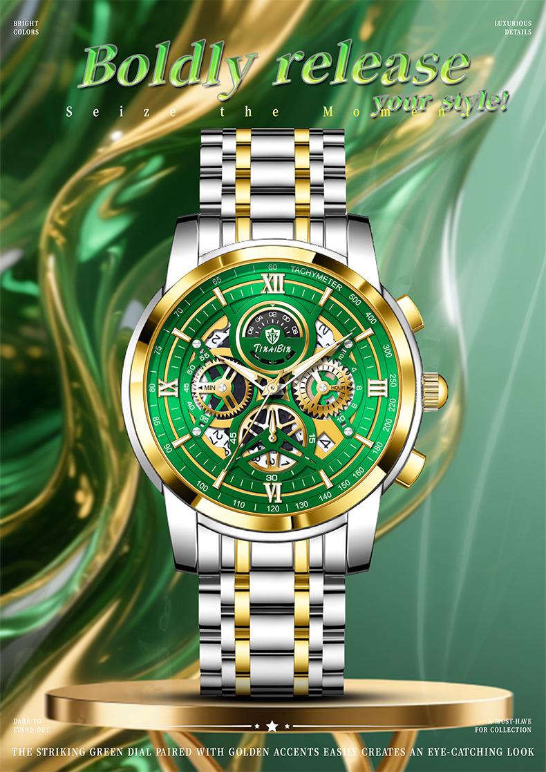 The  men's business fashion watch features an analog quartz movement with a Swiss original core, offering chronograph functionality, luminous display capabilities, and water resistance. Suitable for parties and everyday wear, it also makes an idea