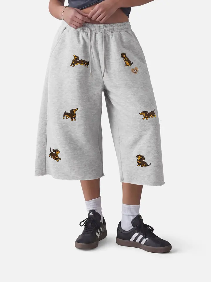 Aelfric Eden Dachshund Longline Shorts High Waist Oversized Wide Leg Longline Fit Dachshund Embroidery Detail  Drawstring Elastic Waist Soft Fabric Cute Casual Streetwear Unisex Bottoms