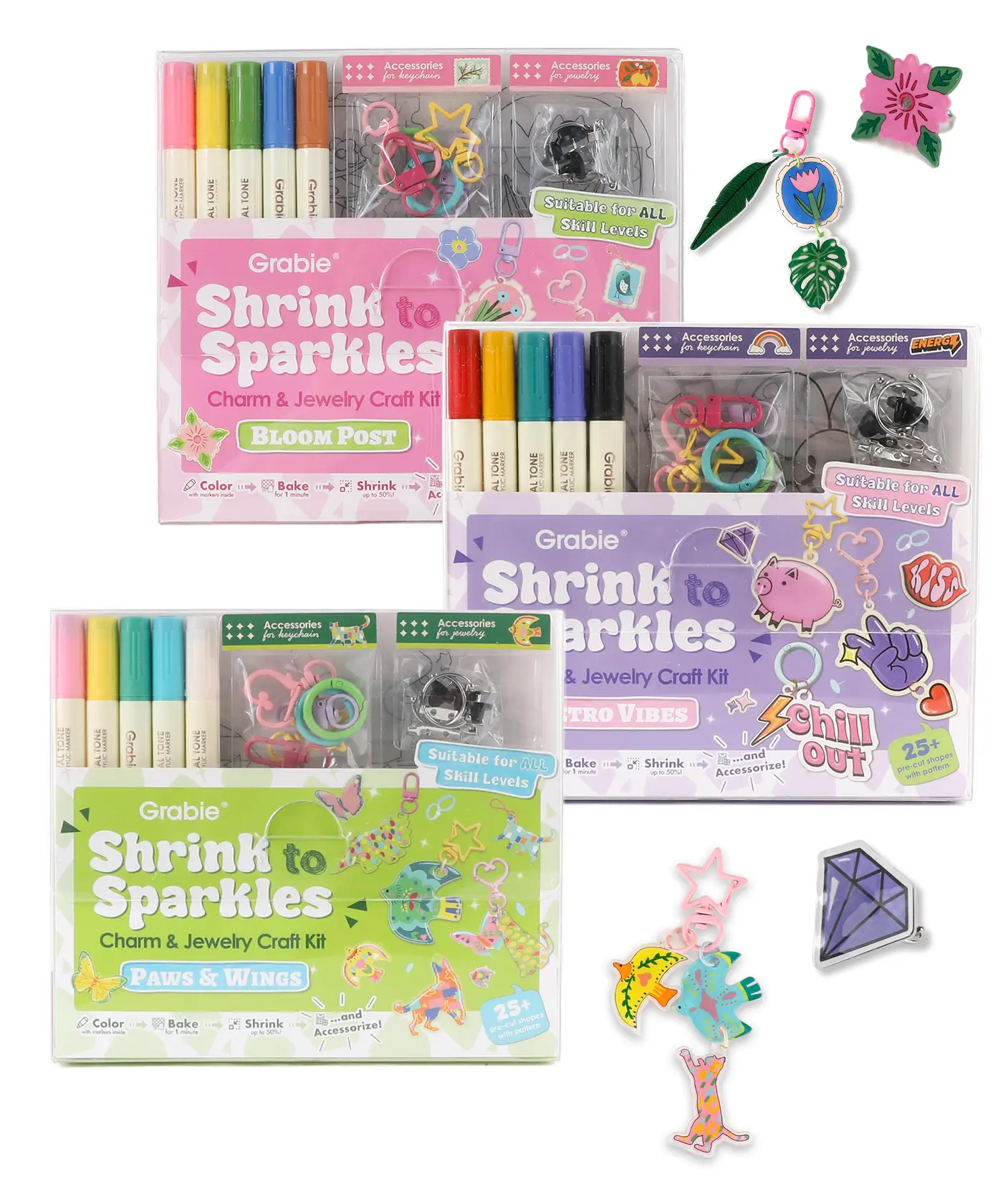 Grabie Shrink-to-Sparkles DIY Craft Set, Retro Office Art Supplies, Botanical DIY Jewelry Making Kit with Jewelry Making Accessories for Handmade Accessories, Make Bracelets, Back to School Class Reward Gift