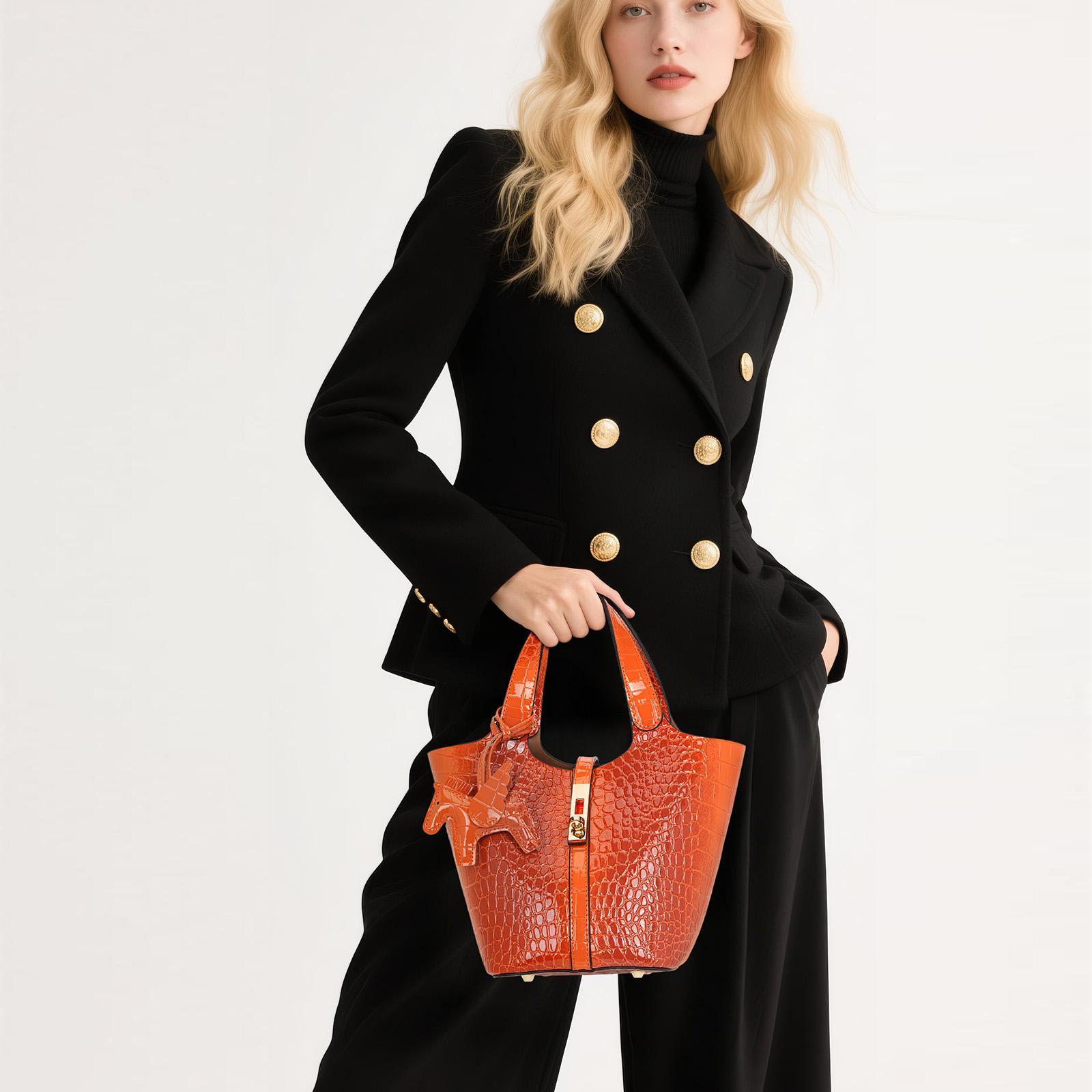 CN6004 Tote Bag for Women Vegan Leather Bucket Purse for Women Crocodile Pattern Top Handle Handbag Shoulder Bag with Detachable Small Purse Apricot TikTokShopHolidayHaul