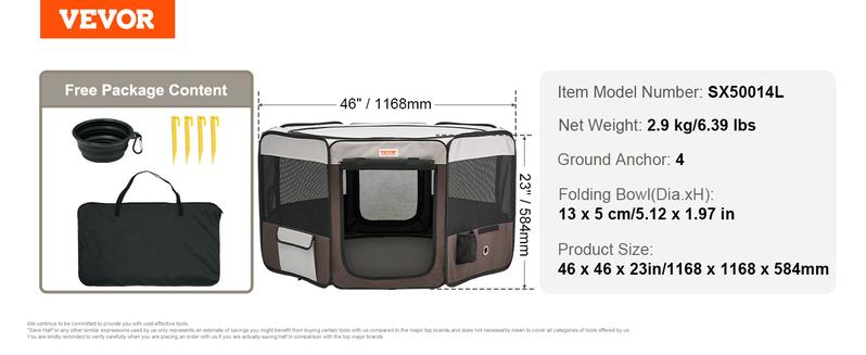 VEVOR Foldable Pet Playpen, TikTokShopBlackFriday, 46 inch Portable Dog Playpen, Crate Kennel for Puppy, Dog, Cat, Premium Waterproof 600D Oxford Cloth, Removable Zipper, for Indoor Outdoor Travel Camping Use