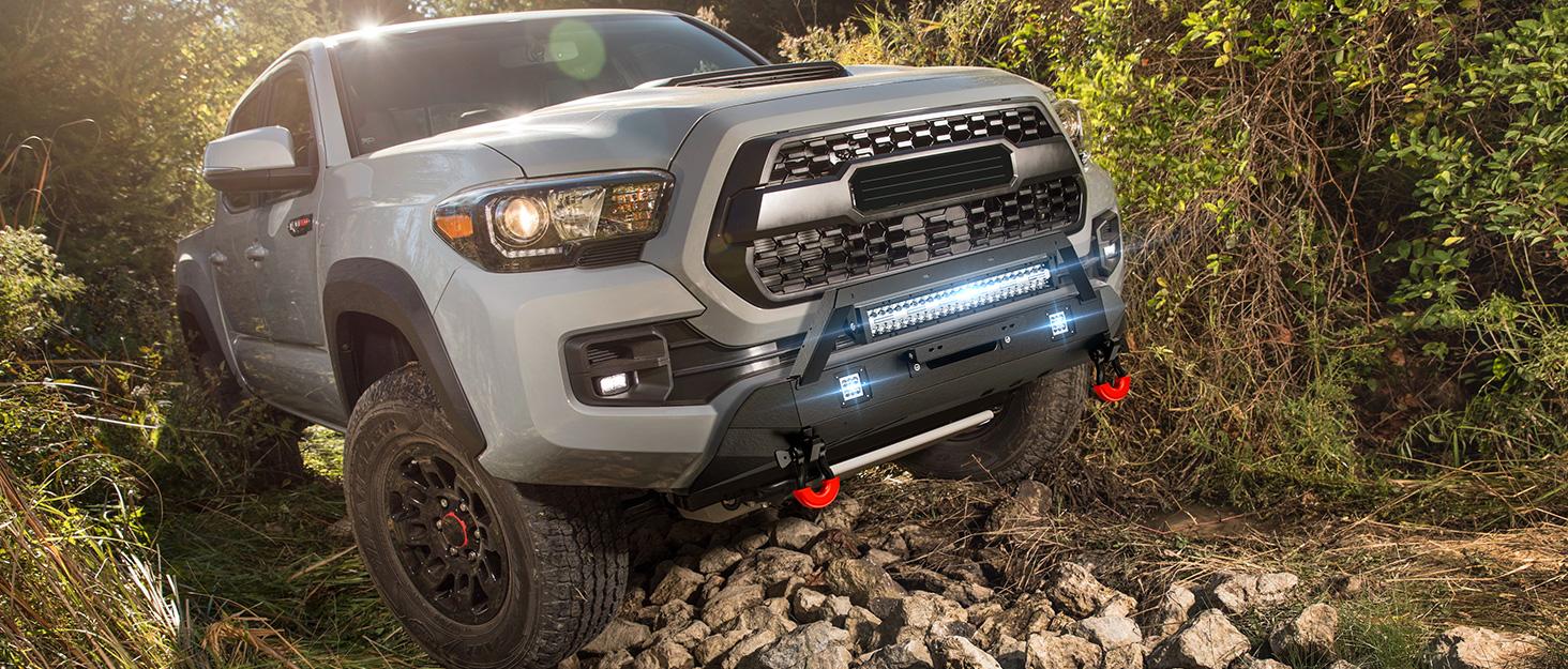 【Yzona】Custom Fit Automotive Aftermarket Front Bumper - Car Exterior Component, Car & Auto Parts Accessories with 18W LED Spotlights, LED Light Bar, License Plate Bracket for 2016-2023 3rd Gen Toyota Tacoma, Car Accessories