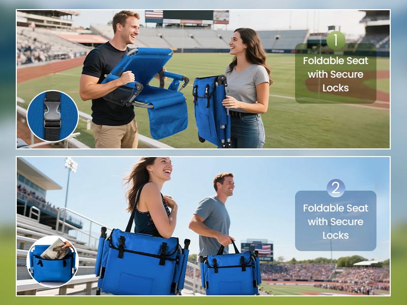 PHI VILLA Blue Folding Stadium Seat Bleacher Chair with Cup Holder, Mesh Bag and Hide Hooks, Portable Stadium Chair with Back and Cushion
