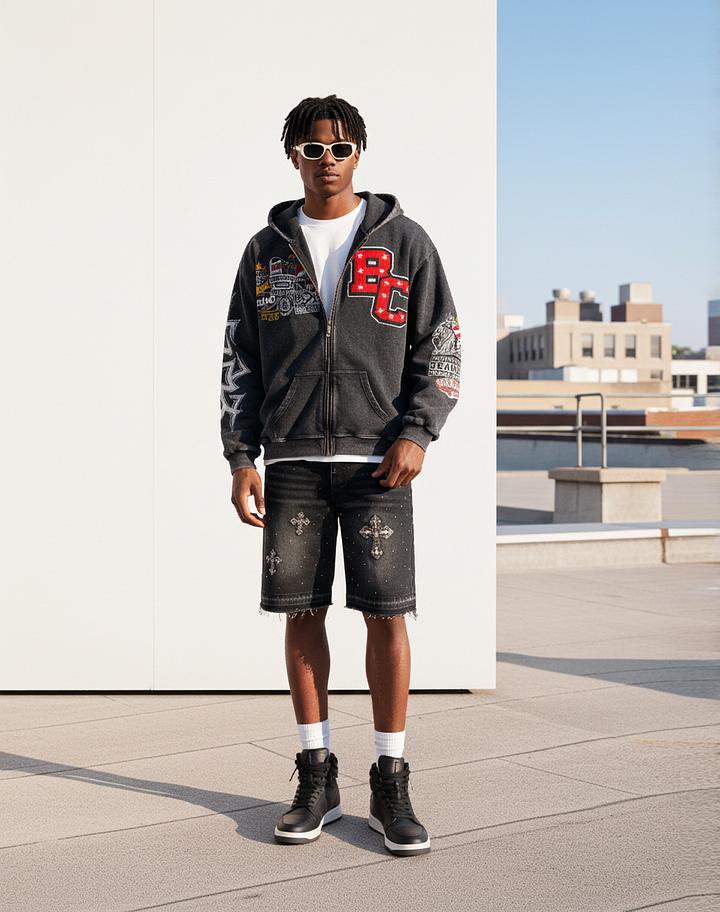 Sopula Studio Men's Hiphop Cross Hot Diamond Jorts Denim Shorts