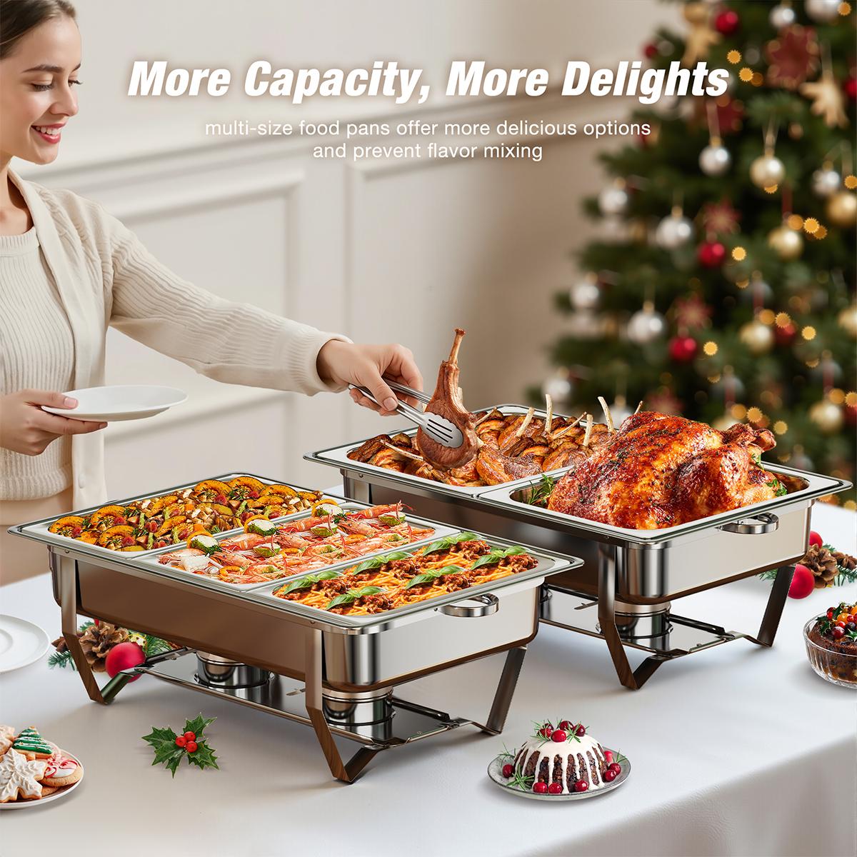 WARMOUNTS  Rectangular 9QT Chafing Dishes for Buffet with Upgraded Multi-Size Food Pans (9QT, 2Pack/4Pack), Large Chafing Dish Set w/Mirror-Polished Stainless Steel, Rolled Rim, Foldable Frame for Party (full-size, 1/2 Size, 1/3 Size Food Pan)