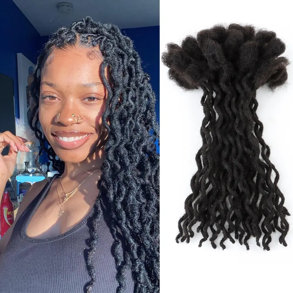 Human Hair Curly Wave Loc Extensions | Handmade Permanent Dreadlock Extensions for Men Women | 0.4cm/0.6cm 6-14Inch 10/30 Strands Afro Kinky Bulk