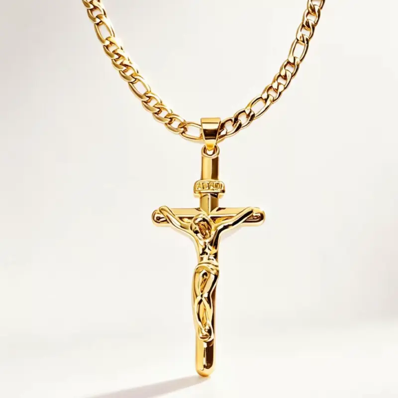 14K gold-plated Jesus cross pendant necklace, vintage style, smooth charm jewelry for men; ideal for prayer, holidays, blessings, and everyday wear; elegant, durable chain Jesus necklace