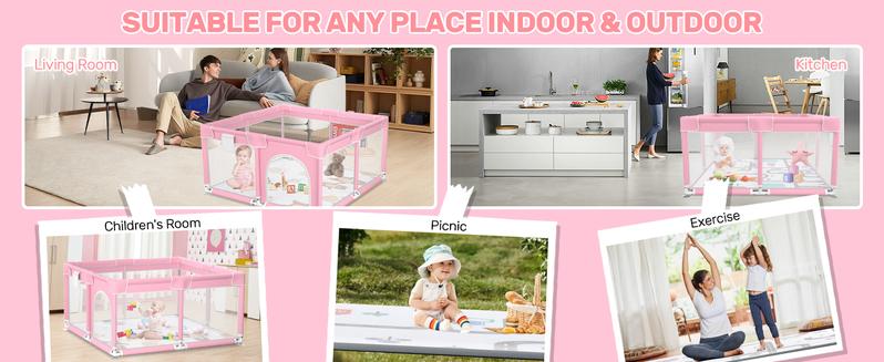 Baby Playpen with Anti-Slip Mat for Indoor&Outdoor Playard Kids Activity Center with Gate, Portable Fence Area for Babies and Toddlers playpen,Pink