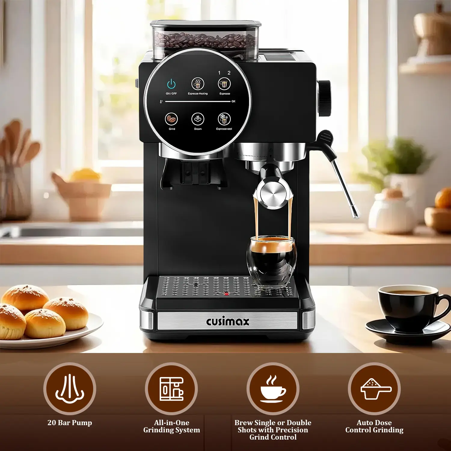 CUSIMAX 20-Bar Semi-Automatic Digital Touchscreen Espresso Machine - Built-in Grinder, Milk Frother Steam Wand, 60oz Removable Water Tank, 1350W Fast Heat, US Plug, Ground Coffee Compatible, Timer, 12 Cups Capacity for Home Baristas,tiktokshopbacktoschool