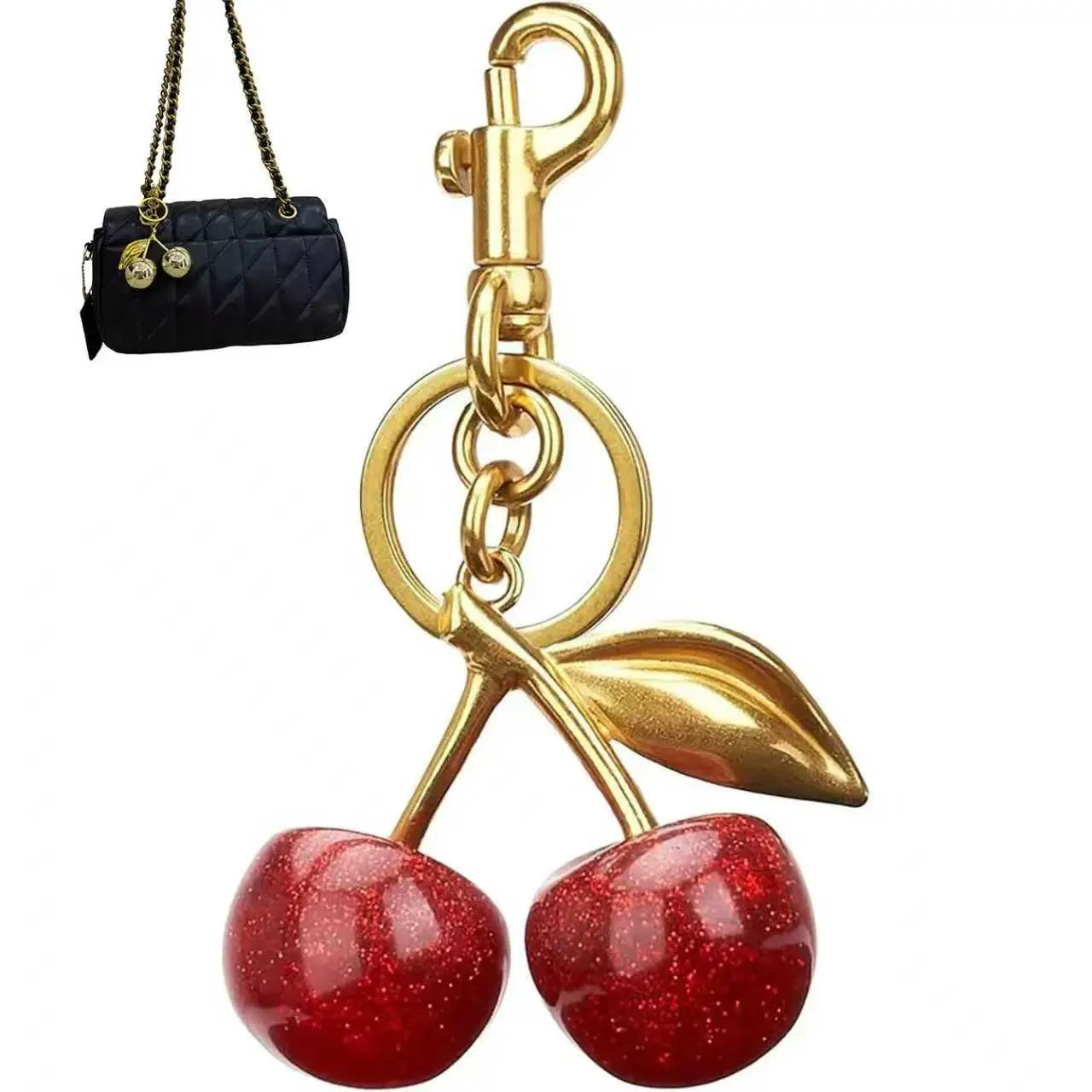 Women's Vintage 2-in-1 Fashionable Purse Set - Crescent Shape Shoulder Bag with Lock Clasp, Cherry Motif, Lobster Hook, Mini Purses Crossbody Bag, Keyring + Pouch, Ideal for Mother’s Day Daily Use
