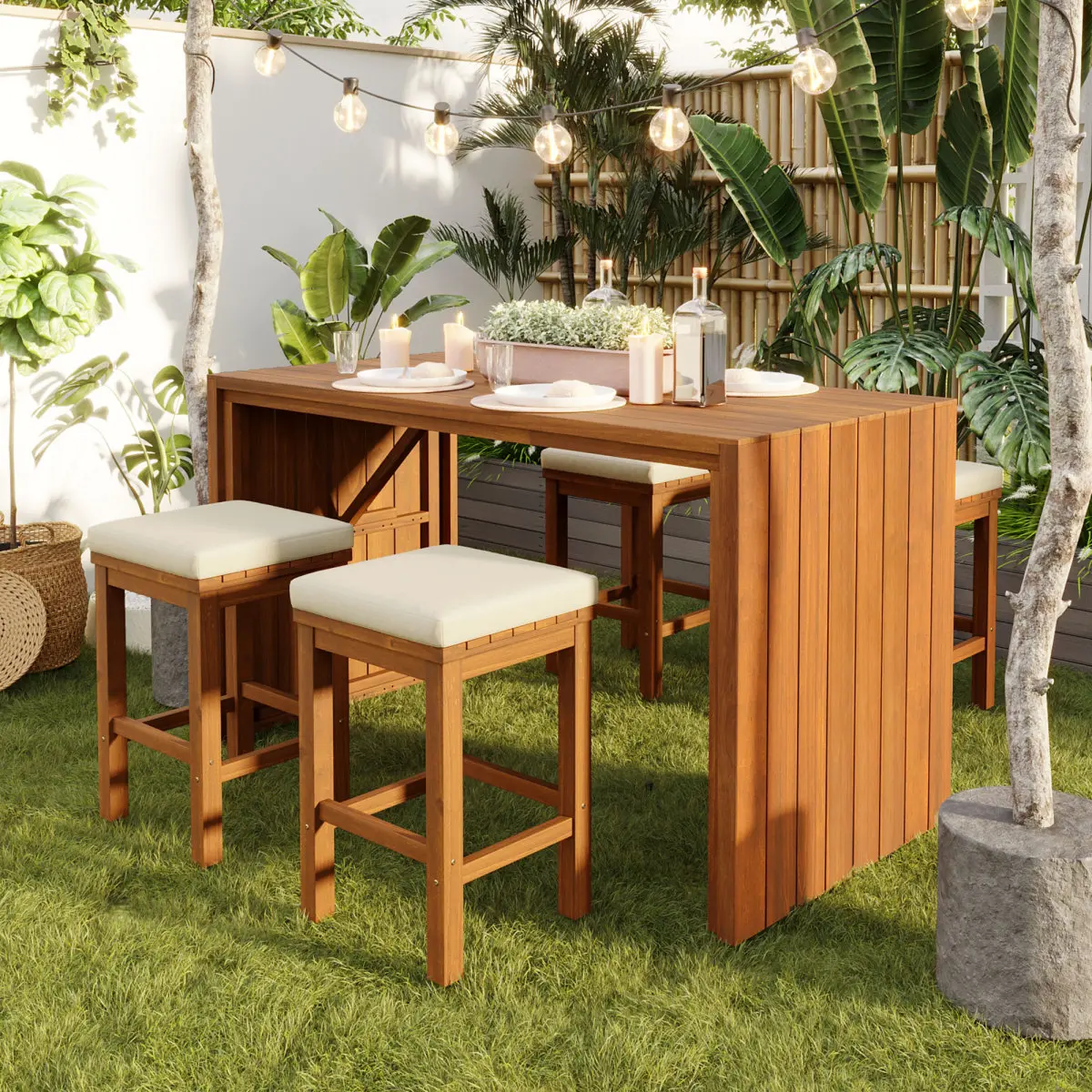 [Bellemave] 5 Piece Outdoor Bar Set, Patio Acacia Wood Bar Height Table & Four Stools with Cushions, Wood Dining Bar Set for Backyard, Poolside, Balcony