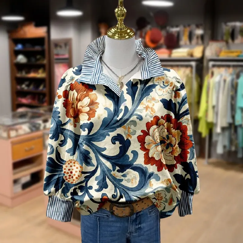 Cherrybetty Women's Vintage Floral Print Striped Collar Top Going Outfits Blouses 90s Tops Funny Shirts Women Elegant Classy Tops Blouse Classyoutfit Women cute summer outfit boho Casual Style cute summer outfit women's summer outfits