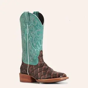 Cavender's Women's Intrepid Chocolate Print & Turquoise Wide Square Toe Boots