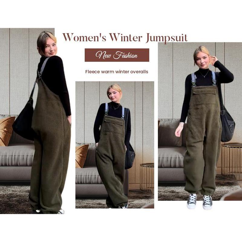 Buenoble Women's Fuzzy Fleece Overalls Winter Bib Pants Loose Fit Adjustable Strap Jumpsuit Warm Teddy Sherpa Romper Loungewear Streetwear