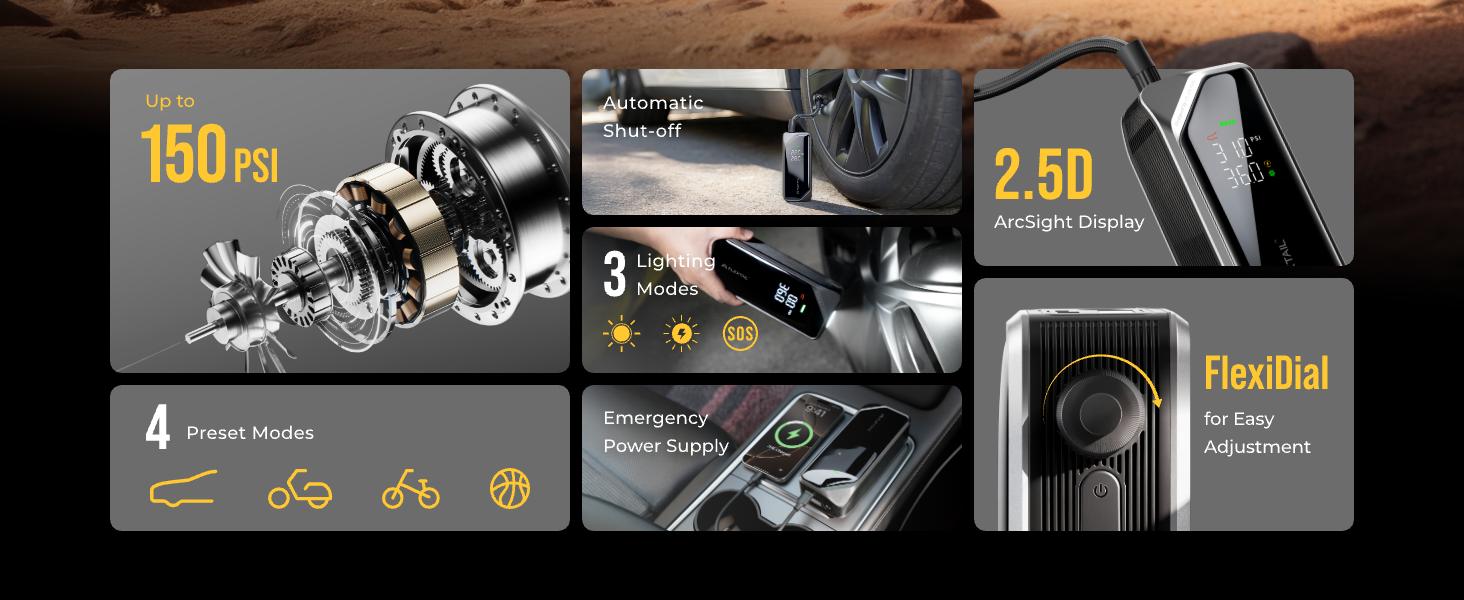 FLEXTAIL 150PSI Tire Inflator Portable Air Compressor, Knob Pressure Control, with 2.5D Curved Screen, Fast Air Compressor for Car, Bike & Inflatables — Rechargeable Air Pump with LED Display & Auto Stop