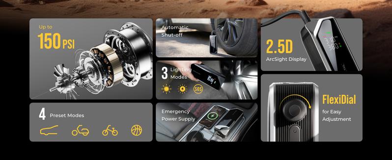 FLEXTAIL 150PSI Tire Inflator Portable Air Compressor, Knob Pressure Control, with 2.5D Curved Screen, Fast Air Compressor for Car, Bike & Inflatables — Rechargeable Air Pump with LED Display & Auto Stop