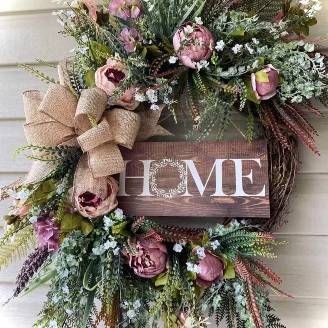 Realistic Rose Vine Wreath with Home Wooden Sign, 18 Inch Spring Front Door Wreath, Country Farmhouse Style Home Decor, Festive Decoration