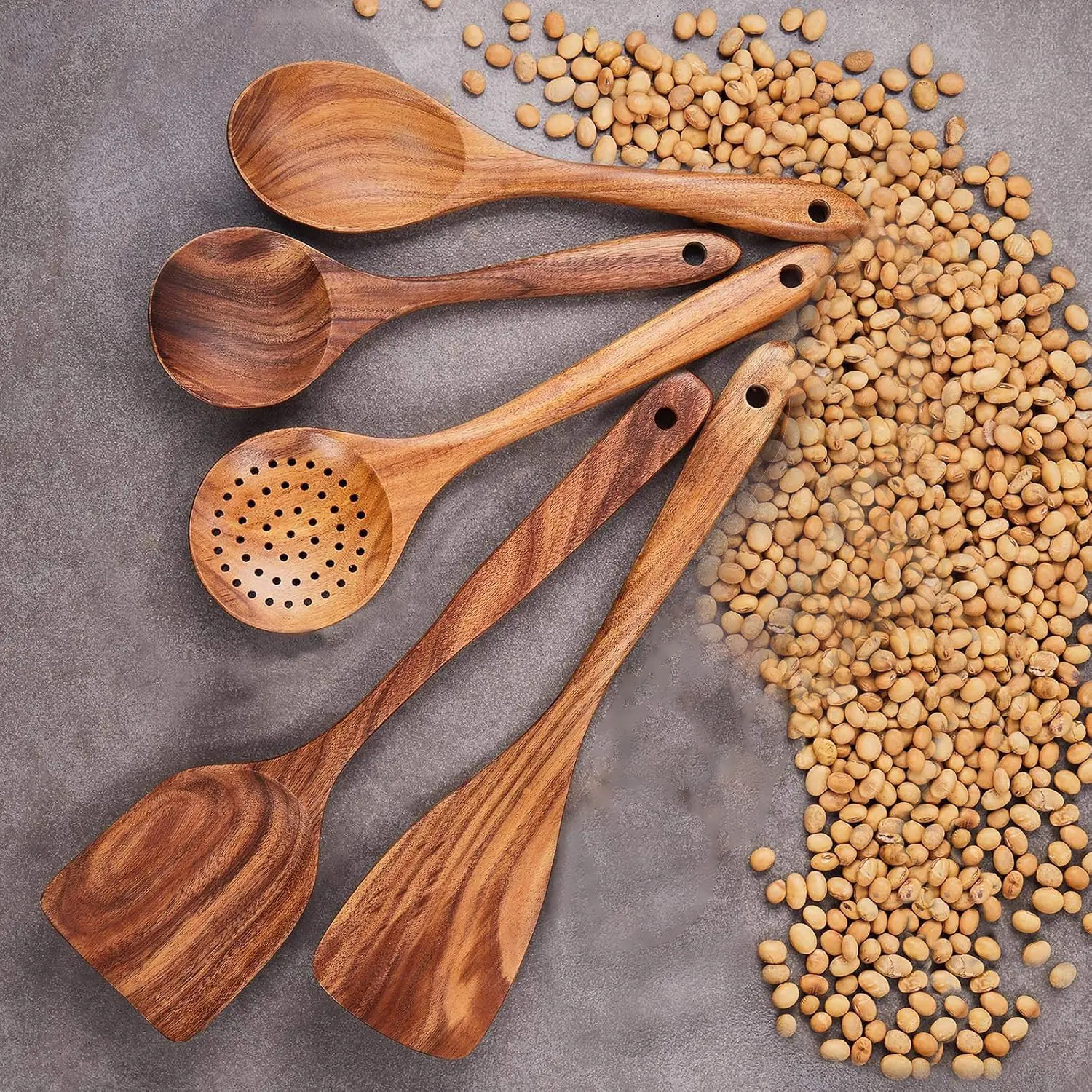 Wooden Kitchen Utensils Set,5 PCS Wooden Spoons for Cooking,Wooden Cooking Utensils,Natural Teak Wooden Spoons For Non-stick Pan