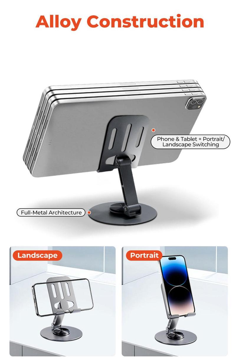 MUNBYN 360° Stable Alloy Phone and Tablet Holder, Portable Ultra Strong Support, Suitable for Home and Office, Durable Black Smartphone Stand