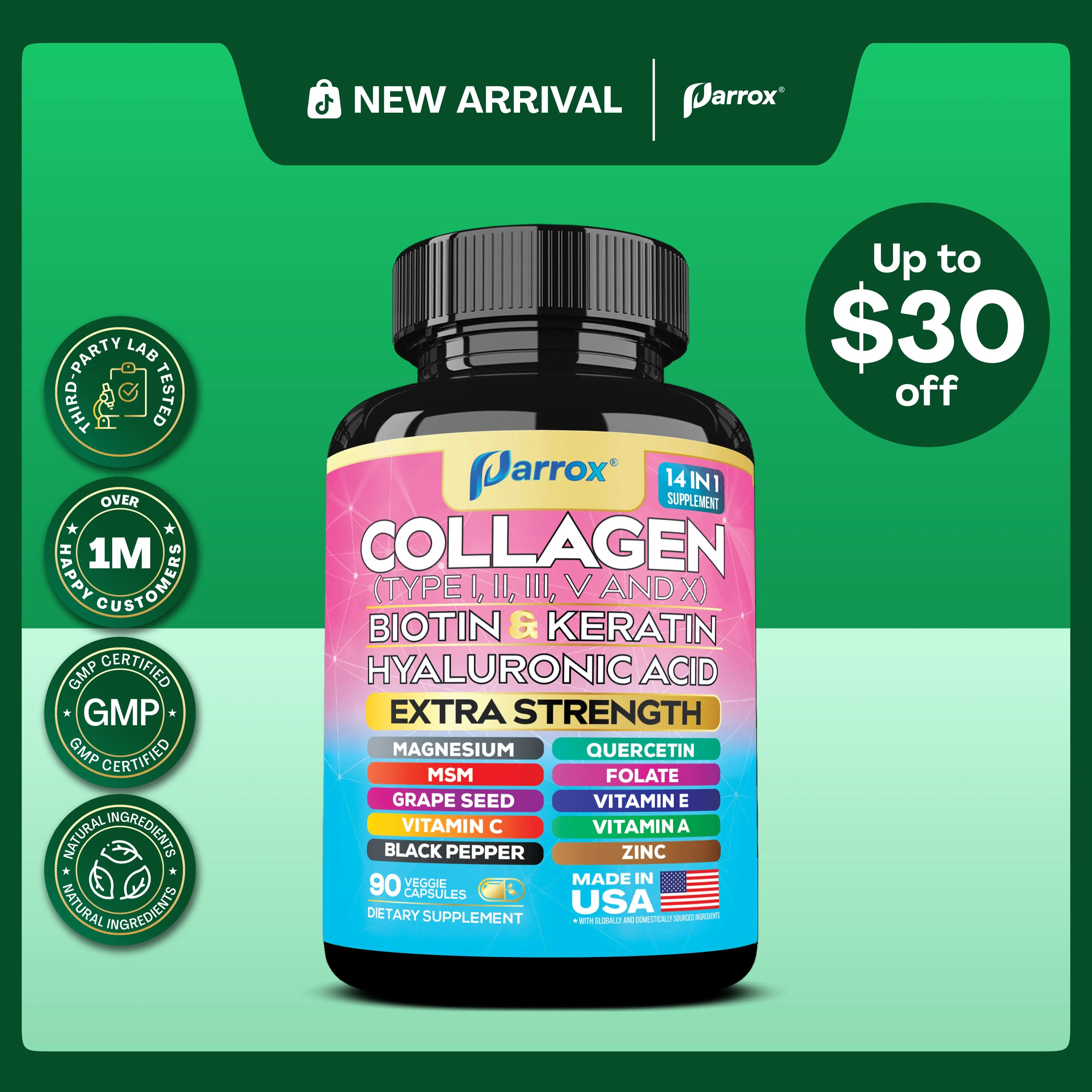 PARROX Collagen Supplement - Type I, II, III, V and X - with Biotin, Keratin, Hyaluronic Acid & 13+ Extra Strength Ingredients - 90 Capsules - MADE IN USA