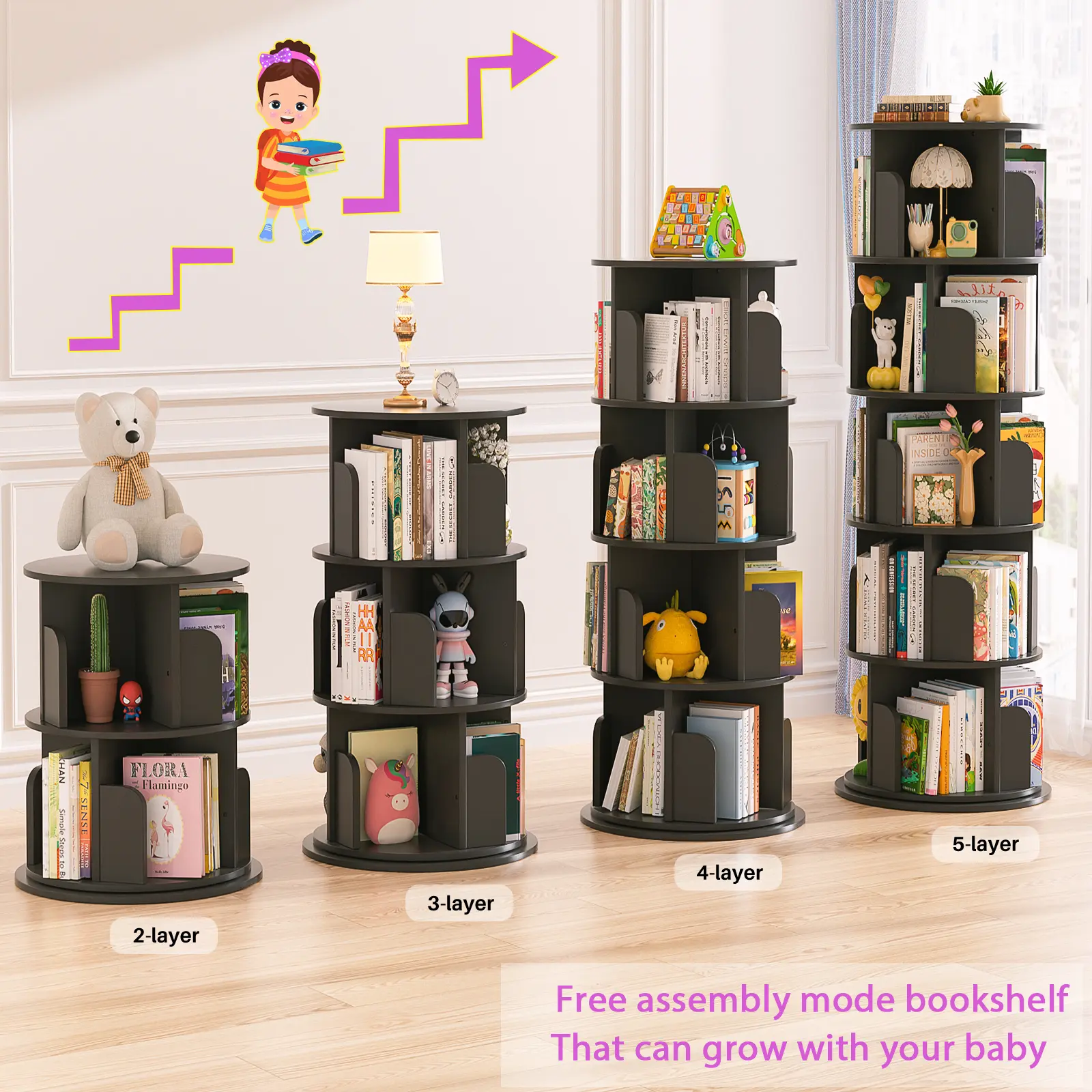 Unikito 4/5/6-Tier Oak Rotating Bookshelf, MDF+Steel Stable 360° Spinning Narrow Stackable Tower, Free Assembly Tall Floor-Standing Swivel Corner Books Storage Organizer for Bedroom, Living Room, Rotating Shelf