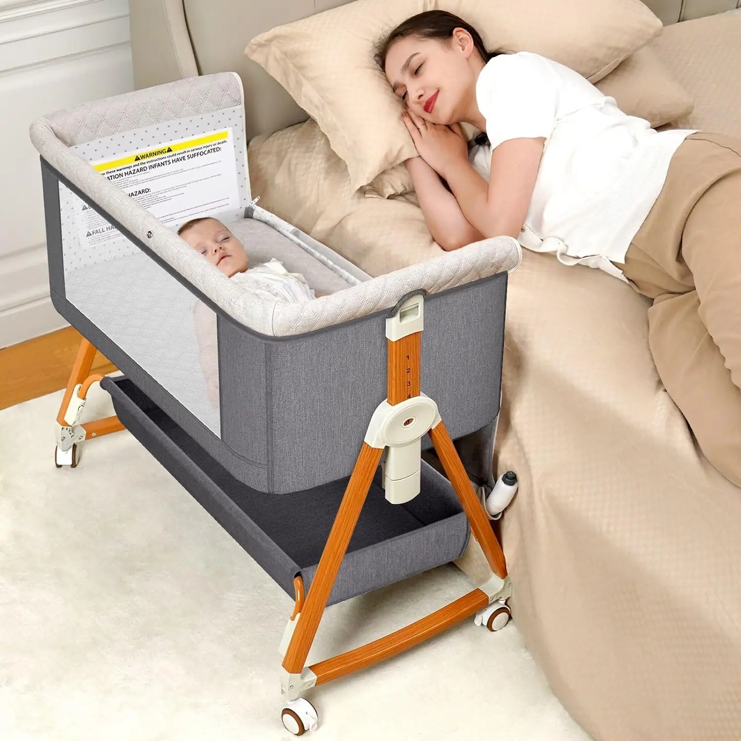 Baby Bassinet Sleeper, 6 Height Adjustable Cribs, Easy to Fold Portable Crib Side Bassinet, Swing Cradle Bed Side Sleeper with Ventilated Net&Wheels