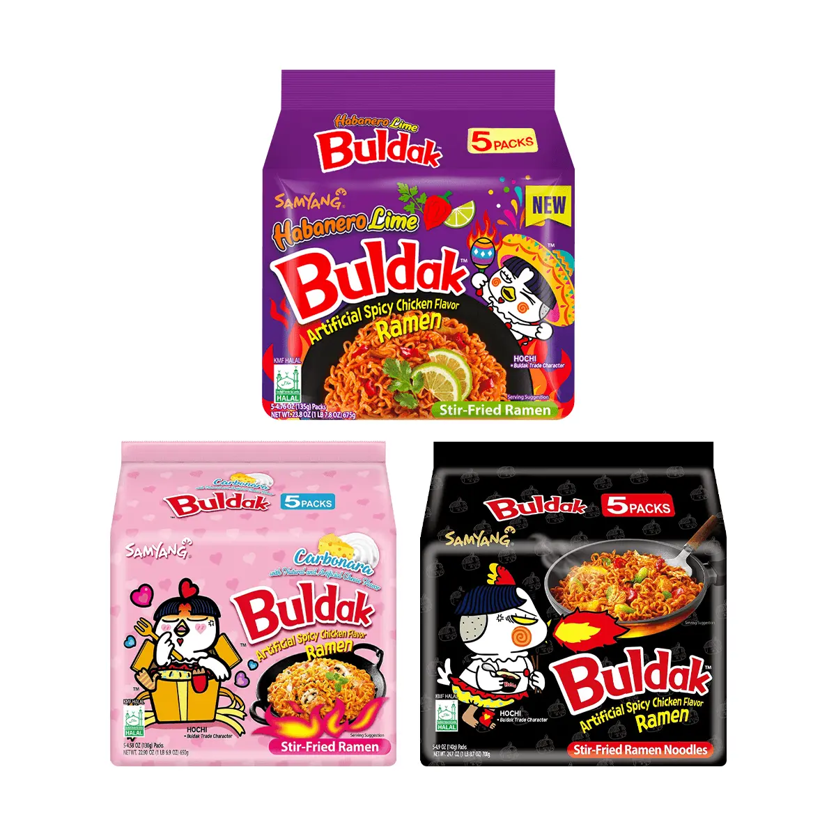SAMYANG Buldak Spicy Chicken Noodles - 15 Pack Variety (Havana Lemon Chili, Pink Cream Cheese, Black Super Spicy) - Korean Instant Noodles