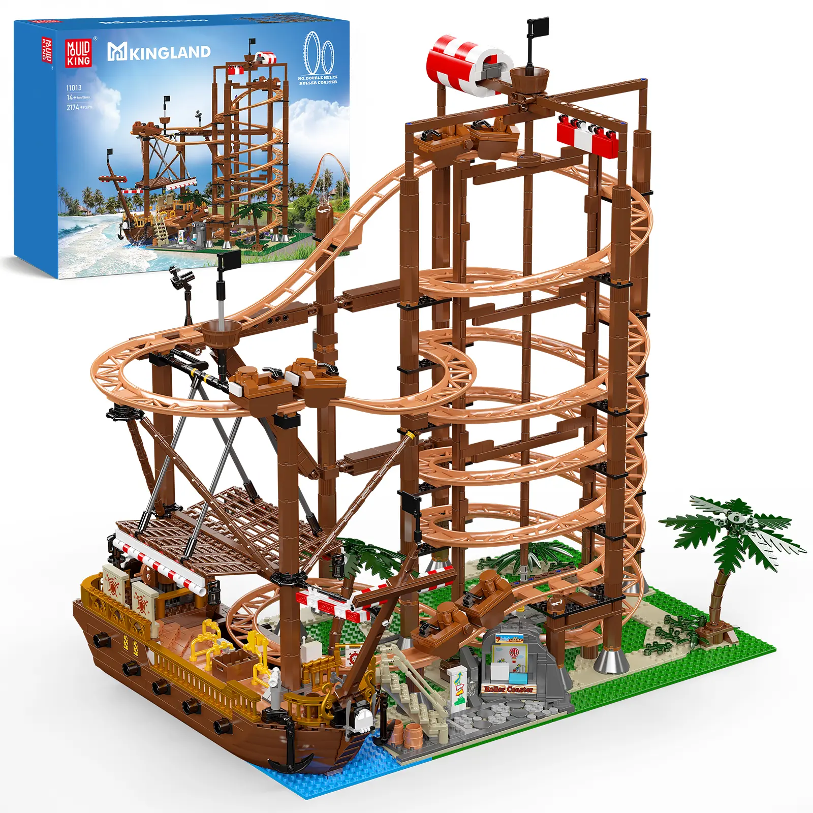 Mould King 11013 Plastic Amusement Park Building Set - 2174-Piece Unisex Kit with Roller Coaster, Pirate Ship, Motorized Loop, Double Helix for Toys for Grown Ups, Teens Ages 14+