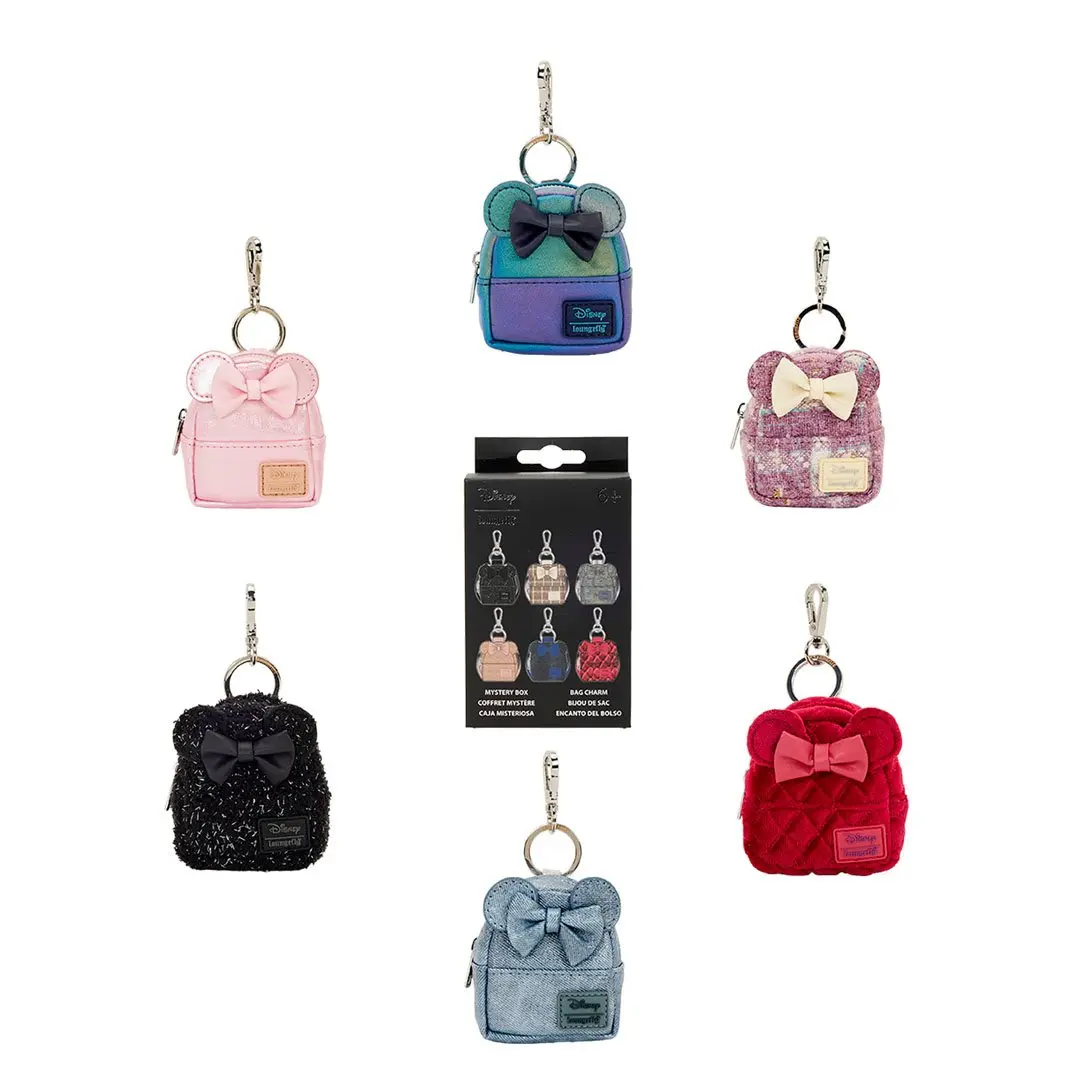 Loungefly Disney Minnie Mouse Sparkly Bag Charm - Faux Leather, Iridescent Glitter Mystery Mini Backpack Charm with 3D Bow Detail, Girly Keychain Attachment, Purse Charms For Handbags, Mini Bag Accessories