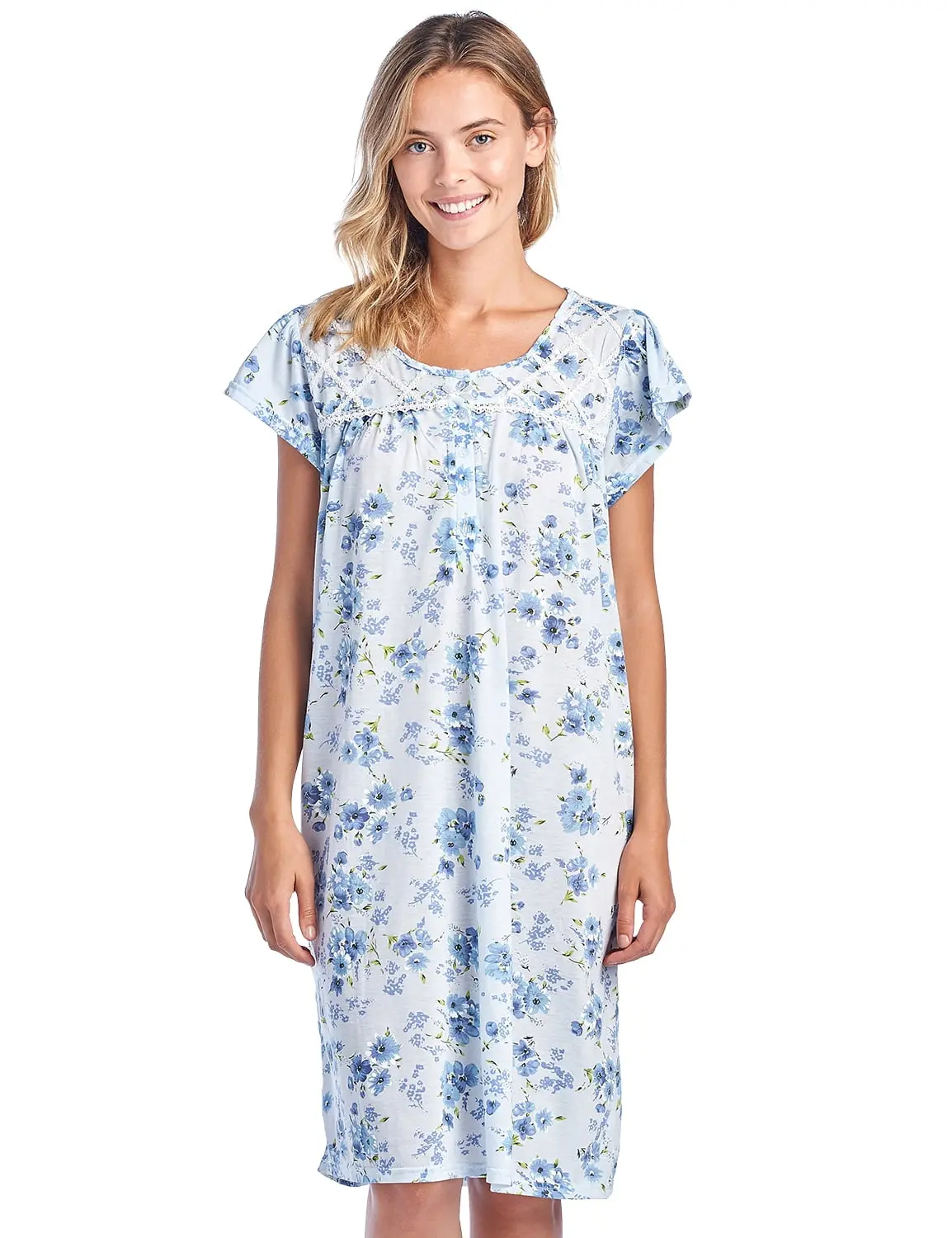 Casual Nights Women's Feminine Flower Print Nightgown, Short Sleeve Pullover Sleepshirt with Lace Trim and Button Front, Nightwear, Printed, Loungewear, Comfortable