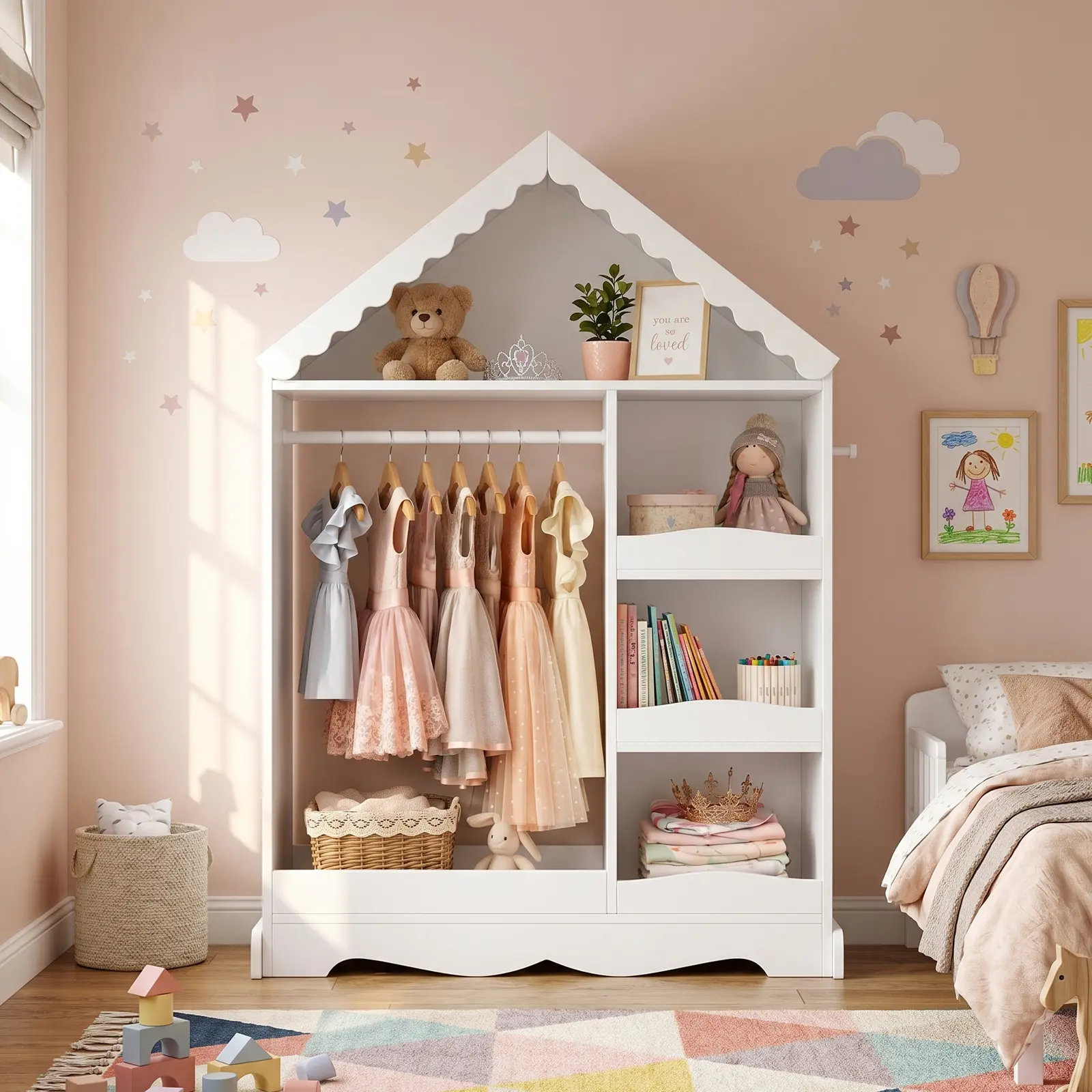VOWNER Kids Closet with Mirror, House-Shaped Wardrobe with Clothing Rack, Shelves, Hooks & Cubbies for Bedroom Playroom tiktokshopbacktoschool