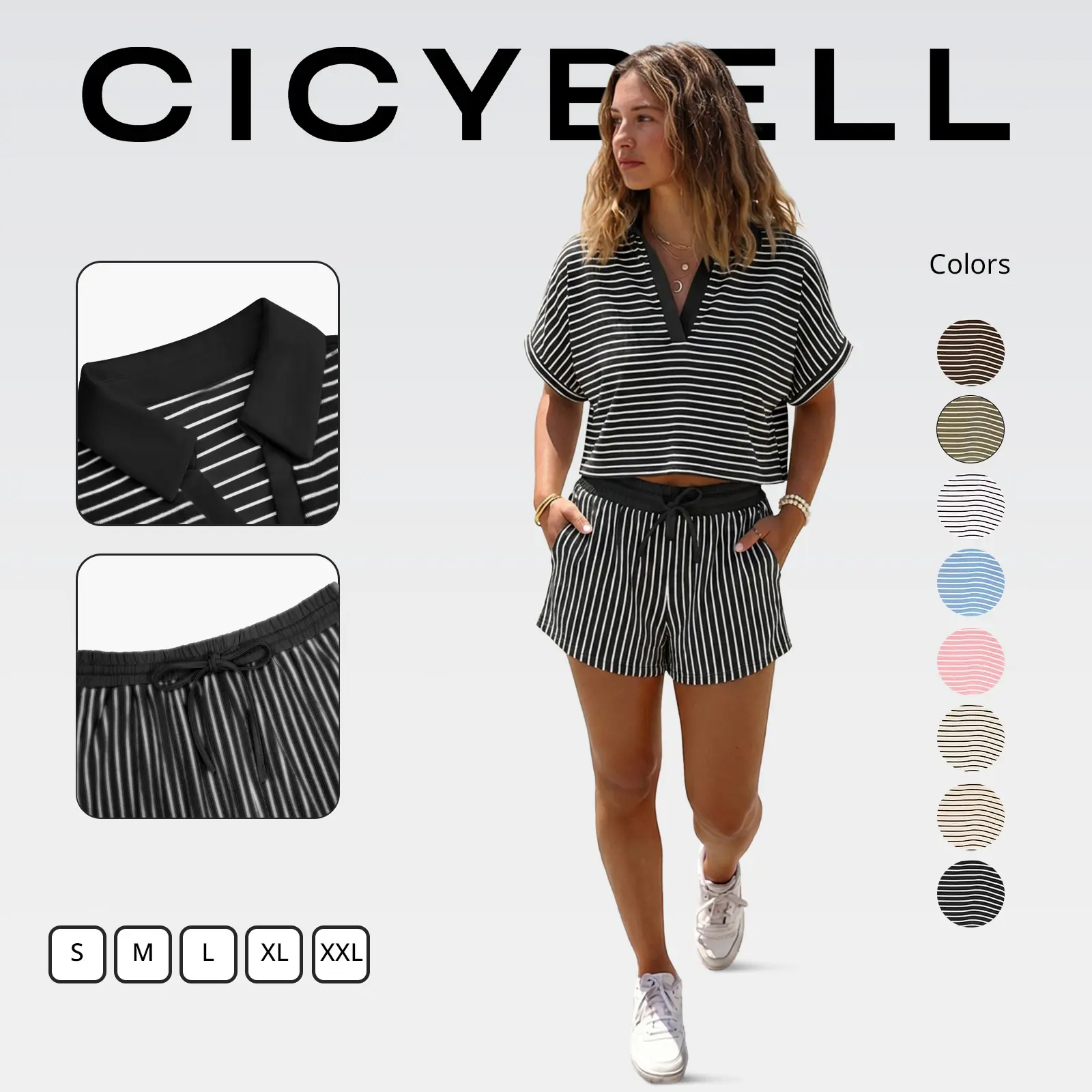 Cicy Bell Womens Striped 2 Piece Short Sets Summer Short Sleeve Collared V Neck Cropped Tops Vacation Casual Lounge Outfits