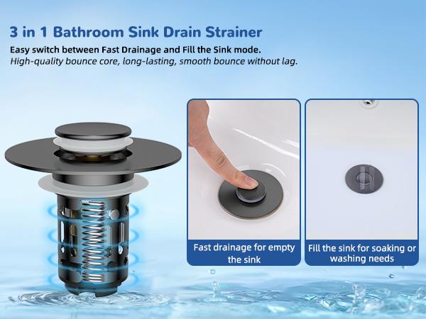 Hibbent Upgraded 3 in 1 Bathroom Sink Drain Strainer, Universal Pop Up Stopper with Removable Stainless Steel Filter Basket Hair Catcher, Sink Plug for 1.1''~2.36'' Basin, Brass Bullet Core, Grey