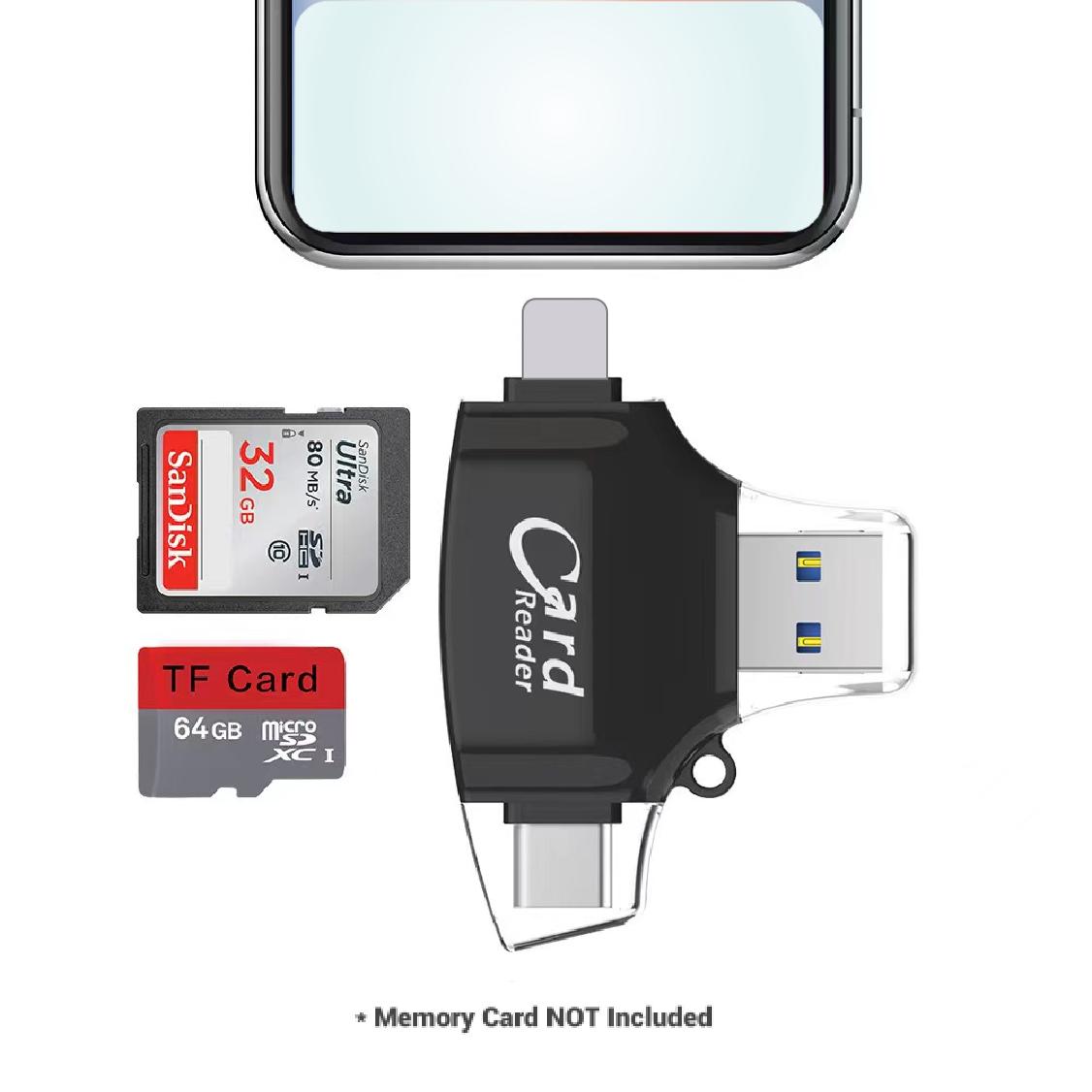 SEALIGHT Multi-Port Memory Card Reader，4 in 1 SD/TF/USB OTG Adapter for iPhone 15/14/13/12/11 Pro/Pro Max, Android, iPad, Laptop with Type C, USB C, Lightning, Plug & Play, Record Memory Gift (No App Required)