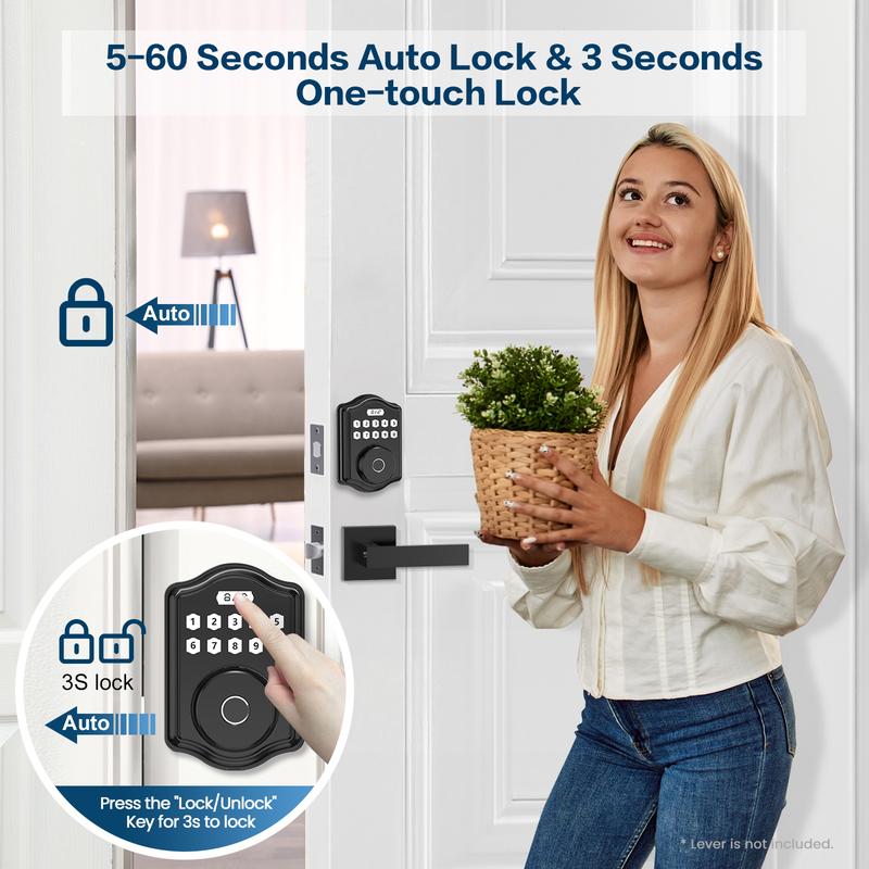 52hz AI Smart Fingerprint Door Lock with Code, Voice Guide, Password lock, Auto Lock, Easy to Install, Black Security-A3