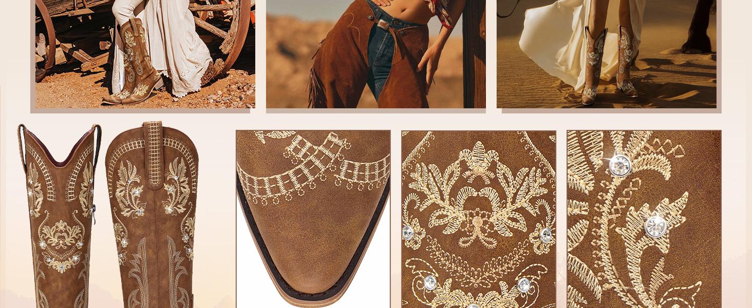 Women's Cowboy Boots - Wide Calf Knee-High Western Boots with Classic Embroidery, Sparkling Rhinestone Accents, Pointed Toe, and Convenient Pull-On Zipper Design