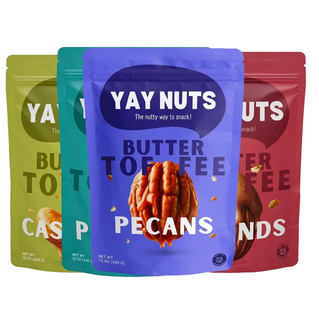 YAY NUTS Butter Toffee Pecans, Cashews, Almonds & Peanuts – Crunchy, All-Natural, No Preservatives, Made in USA – Guilt-Free Snacking with Real Ingredients - 12 oz each (340g) Fathersdaygift Food