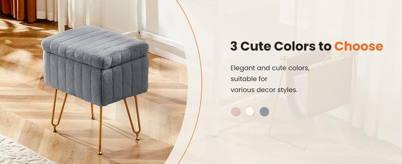 HomeSquad Vanity Stool Chair with Storage, Ottoman Faux Fur Soft Padded Makeup Footstools Seat with 4 Metal Legs Anti-Slip Adjustable Feet Modern Cute Small Footrest for Home Entryway Bedroom
