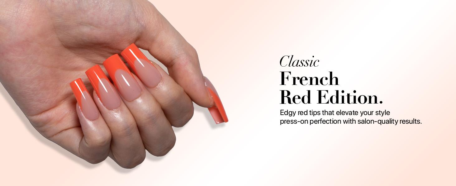 SXC Cosmetics X-Pro Tips French Tip Press on Nails – French Red Edition Starter Kit 150PCS, 15 Sizes, 5 Styles, Beginner-Friendly Red117Kit-M Square