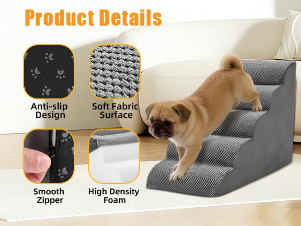 Dog Stairs Ramp for Small Dogs and Cats 5-Step Curved Pet Steps with High-Density Foam for Puppy and Older Cats Indoor Ramp Stairs for Couch High Beds Sofa Chairs Grey
