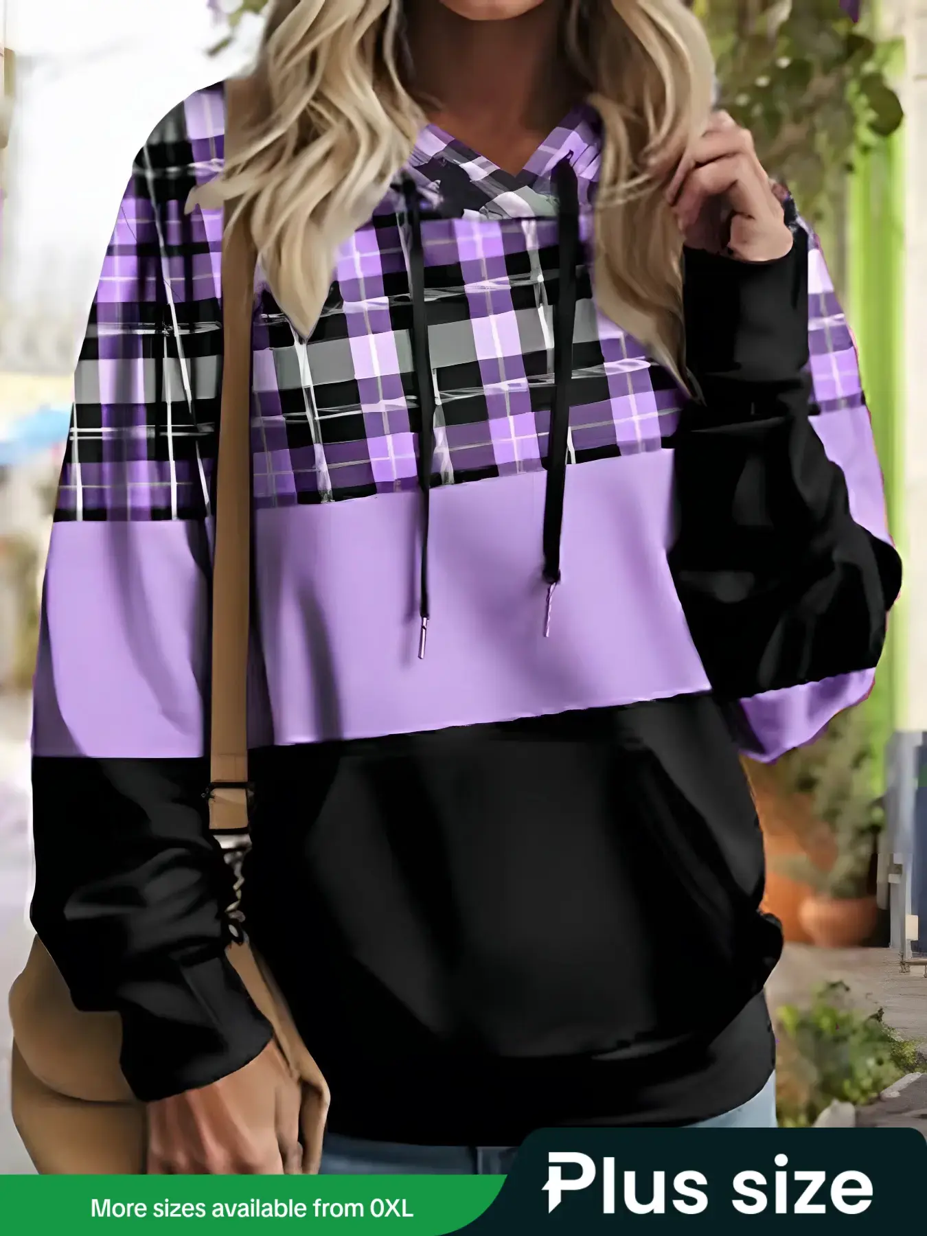 Plus Size Casual Loose Hooded Knitted Sweatshirt, Casual Streetwear Hoodies, Fall Winter Women's Elegant Plaid Checkered Colorblock Print Long Sleeve Pullover Tops with Drawstring Womenswear, Casual Hooded Sweatshirts