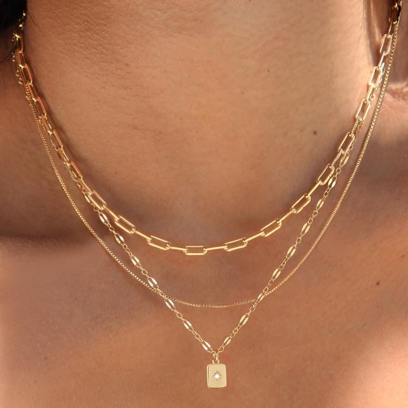 17KM 3Pcs 14K Gold Plated Layered Necklaces for Women ， Trendy Stackable Choker Paperclip Box Chain Jewelry Set