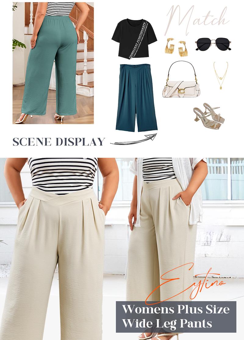 Eytino Womens Plus Size Wide Leg Pants Crossover Waist Pleated Front Casual Work Pants Lounge Trouser with Pockets(1X-5X)