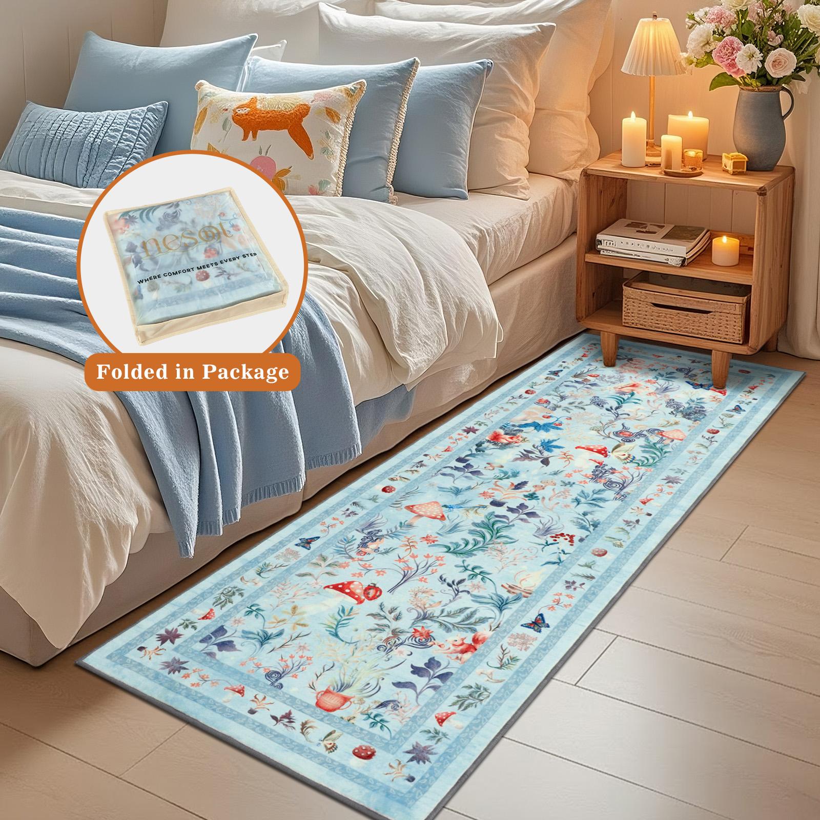 [Restock Up Sale]Geanup Fantasy Fox Animal Runner Rugs for Hallway, Non Slip Botanical Kitchen Rug, Soft Thin Jungle Fox Bedside Runners, Cute Mushroom Accent Floor Carpet for Bedroom Hall Bathroom Laundry