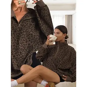 Women's casual zipper long sleeved leopard print sportswear with brown asymmetrical collar and off shoulder, regular fit for autumn and winter plus size clothing