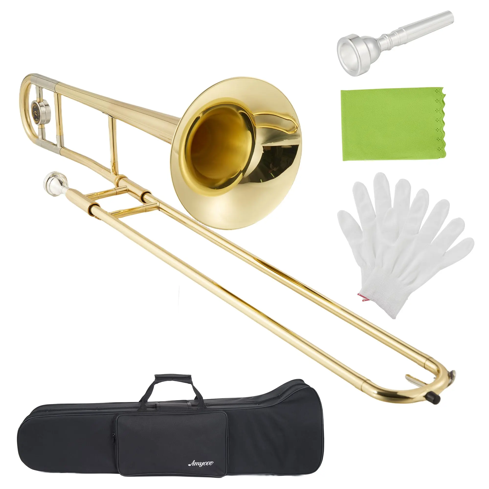Alto Trombone in Bb Key, Nickel Plated Brass Body, Complete Set with Mouthpiece, Hard Case, Polishing Cloth, Gloves and Cleaning Rod, Ideal Beginner Student Professional Instrument